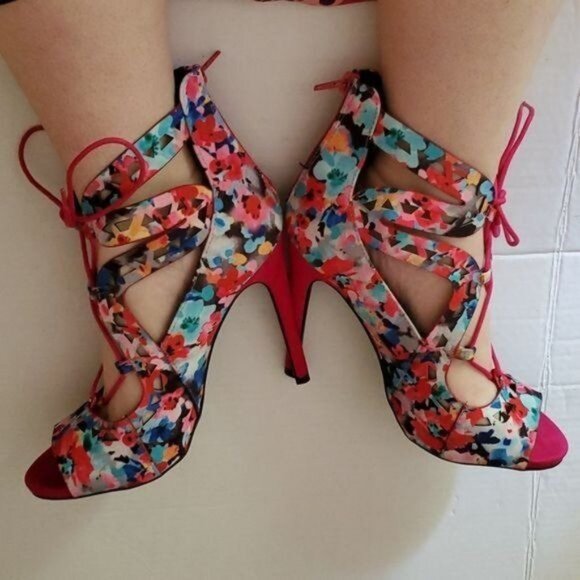 STILETTO HEELS PUMPS SHOES Pink Floral Peep Toe Lace Up Qupid Women's WOMAN'S 10 - Picture 16 of 16